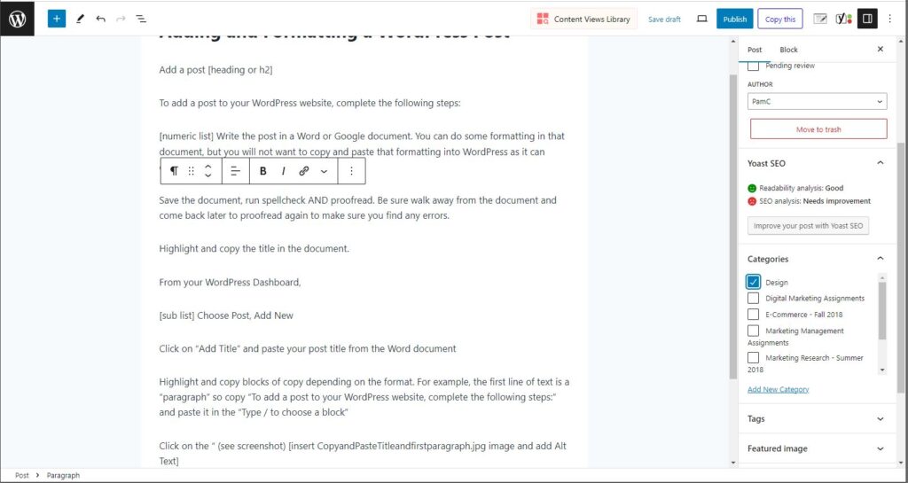 Screenshot to Add Category to Post.